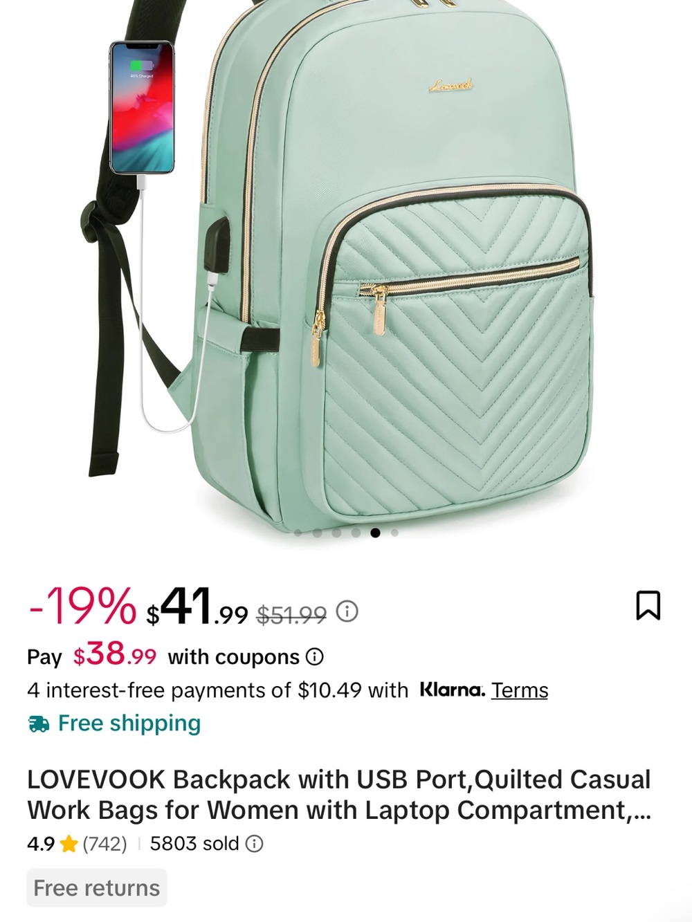 Lovevook Light Sage Green Quilted Backpack with Gold Accents
